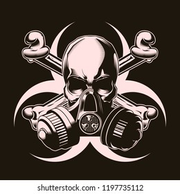 Human skull in gas mask with crossed bones and biohazard sign. Vector illustration. Print vector design. Premium quality superior skull concept. Shabby t-shirt and hoodie emblem