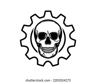 Human skull with gear icon vector for garage engine logo design. Hand draw skull and gear silhouette illustration sign symbol vector

