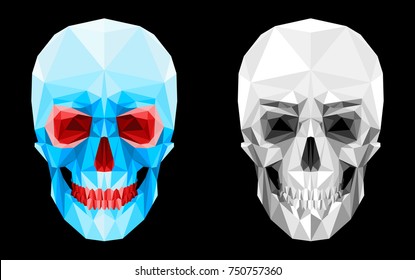 Human skull. Glass effect. Red eye sockets and teeth. Scary spooky look. Suitable for Halloween. Isolated objects on a black background. Color and monochrome image. Vector