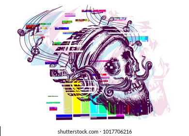 Human skull glitch tattoo and t-shirt design. Skull with beard, mustache, hipster hat and headphones tattoo 