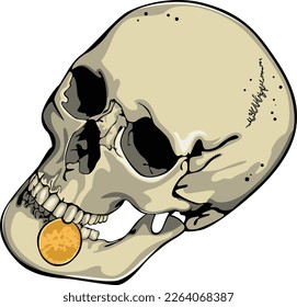 Human skull with golden coin between teeth. Vector image