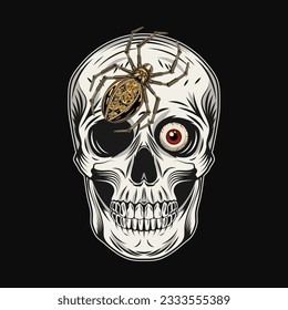 Human skull with golden mechanic spider on forehead, single red eye. Illustration in vintage style. Front view.