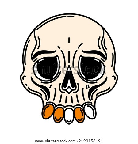 Human skull with golden teeth vector icon. Hand drawn bone illustration isolated on white. Flat cartoon style, simple sketch. Face, mask, dead head. Halloween clipart for cards, posters, logo, web