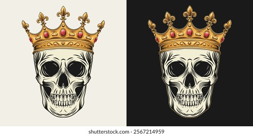 Human skull with golden traditional crown with red gemstones ruby, fleur de lis sign on points. Detailed gothic illustration in vintage style. Front view.