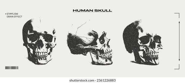 Human skull with grain effect. Trendy retro aesthetics of the 90s-2000s. Elements for the design of posters, banners, cards.