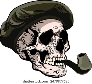 human skull with green beret and pipe