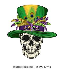 Human skull with green tall cylinder hat with bunch of colorful feathers. Mardi Gras themed detailed illustration in vintage style.