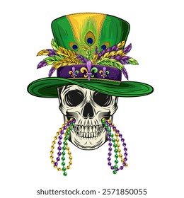 Human skull with green tall cylinder hat with bunch of colorful feathers and bundle of beads between jaws. Mardi Gras themed detailed illustration in vintage style.