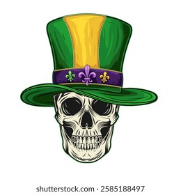 Human skull with green tall cylinder hat. Mardi Gras themed detailed illustration in vintage style.