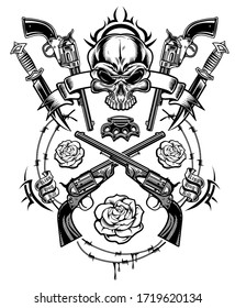 A human skull with guns and red roses