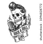 Human skull with hairstyle with microphone and ribbon. Vector illustration