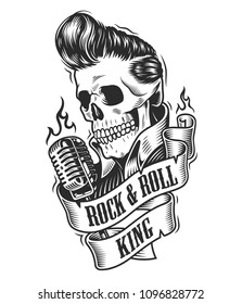 Human skull with hairstyle with microphone and ribbon. Vector illustration