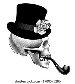 Human skull half face with smoking pipe and black top hat with rose. Vintage engraving stylized drawing. Vector illustration