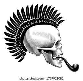 Human skull half face with smoking pipe and feathers in Mohawk hairstyle. Vintage engraving stylized drawing. Vector illustration