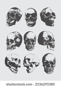 Human skull with halftone stipple effect, for grunge punk y2k collage design. Pop art style  Stipple halftone brutalist retro design elements
