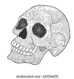 Human skull halloween page of coloring book for adults. Doodle ornament vector illustration.