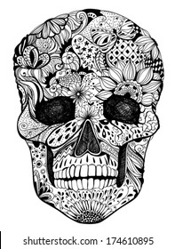 Human skull with hand- drawn flowers, butterflies, floral and geometrical patterns, tattoo design, black and white illustration for the day of the dead