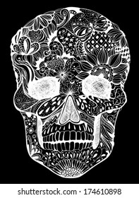 Human skull with hand- drawn flowers, butterflies, floral and geometrical patterns, tattoo design, black and white illustration for the day of the dead