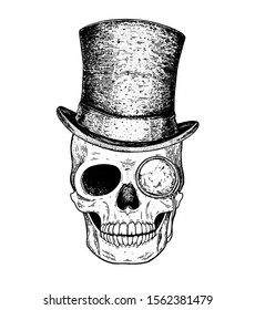 Human skull hand drawn illustration. Cylinder hat on the skull. Tattoo vintage print. Retro skull sketch illustration. Vector print. Engraved style.