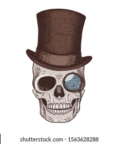 Human skull  hand drawn illustration. Cylinder hat on the skull. Tattoo vintage print. Retro skull illustration. Vector print. 