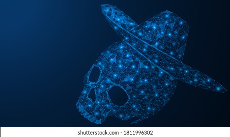 A human skull in a hat. Day of the Dead. Polygonal wireframe design of connected lines and points. Blue background.