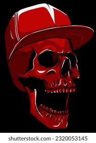 cráneo humano con sombrero sobre fondo negro. diseño de ilustración vectorial
