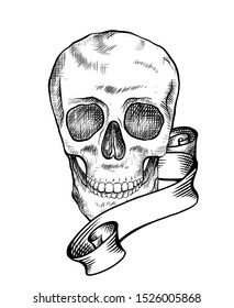 Human skull with a hatching and ribbon. Black and white contour illustration of a skull front view with scroll. Vector template for halloween invitation, greeting card and your design.