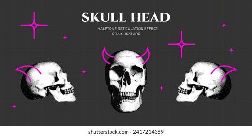 Human Skull Head halftone reticulation effect with grain texture. Y2k elements for design