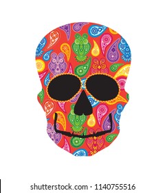 Human skull head silhouette with paisley floral owl colorful pattern front profile vector illustration