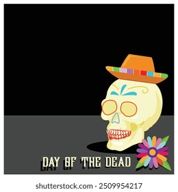 Cabeça de crânio humano com chapéu sombrero e flores. Dia Mexicano dos Mortos. Conceito de Dia dos Mortos. Ilustração de vetor plano.