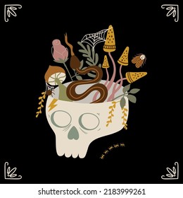 Human skull head as vase with flowers, mushrooms, Funny gothic concept dark academia. Mystical isolated element. Witchcraft vector illustration. Cute mystery human skull head gothic. Mystery sticker.