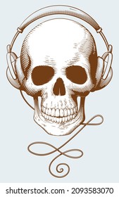 Human skull with headphones. Antique decorative element In the style of engraving. Could be used for tattoo, cards, T-shirt prints, banners. Vector illustration.