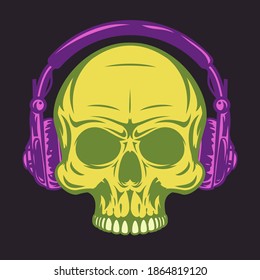 Human skull with headphones. Color vintage art design concept isolated on black background. Modern vector illustration for print, tattoo.