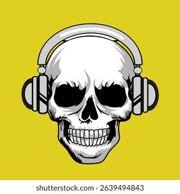 Human skull with headphones sketch drawing vector illustration