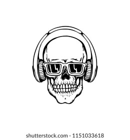 Human skull with headphones and sunglasses in sketch style isolated on white background - skeletal bone in hip-hop or rap style with earphones and eyewear in hand drawn vector illustration.
