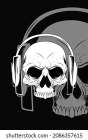Human skull with headset vector illustration
