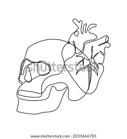 Human skull and heart one line set art. Continuous line drawing of internal organs.