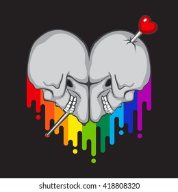 Human Skull heart shape with rainbow paint flow. Vector illustration