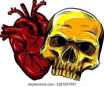 human skull with heart vector illustration design digital hand draw