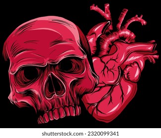 calavera humana con diseño de ilustración de vector cardíaco dibujo de mano digital