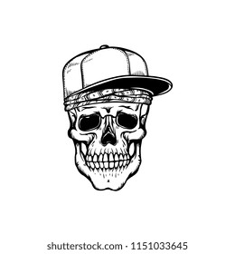 Human skull in hip-hop or rap style headwear - bandana and baseball cap in sketch style isolated on white background. Skeletal bone in youth snapback in hand drawn vector illustration.