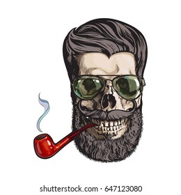 Human skull with hipster beard, wearing aviator sunglasses, smoking pipe, sketch vector illustration isolated on white background. Hand drawing of human skull with hipster hair, beard and whiskers