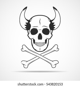 Human skull with horns and crossbones, isolated on light background. Vector illustration