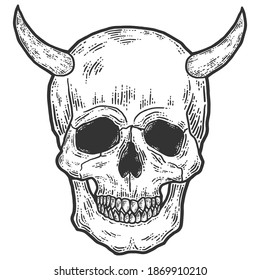 Human skull with horns. Engraving vector illustration. Sketch scratch