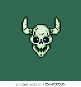 Human skull with horns pixel art icon, creepy demon character isolated on white background vector illustration. 1-bit sprite. Design stickers, logo, mobile app, embroidery.