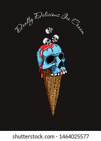 Human skull ice cream in a waffle cone with spread red jam. Creepy cartoon illustration for theme parties, prints for t-shirts, Halloween. Blue cream.