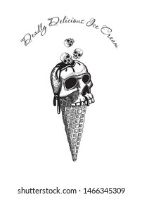Human skull ice cream in a waffle cone with spread jam. Creepy cartoon illustration for theme parties, prints for t-shirts, Halloween. Black and white.