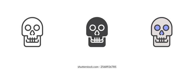 Human skull icon. line and glyph version, outline and filled vector sign. linear and full pictogram. Anatomy symbol, logo illustration. Different style icons set