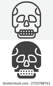 Ícone de crânio humano definido em linha e estilo sólido. Contorno e sinal vetorial preenchido com traçado editável, ícone de símbolo escuro para projetos temáticos mágicos, ocultos e misteriosos.