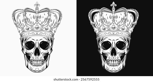 Human skull with imperial crown with gemstones, fleur de lis sign on points. Black and white detailed gothic illustration. Vintage style. Front view.